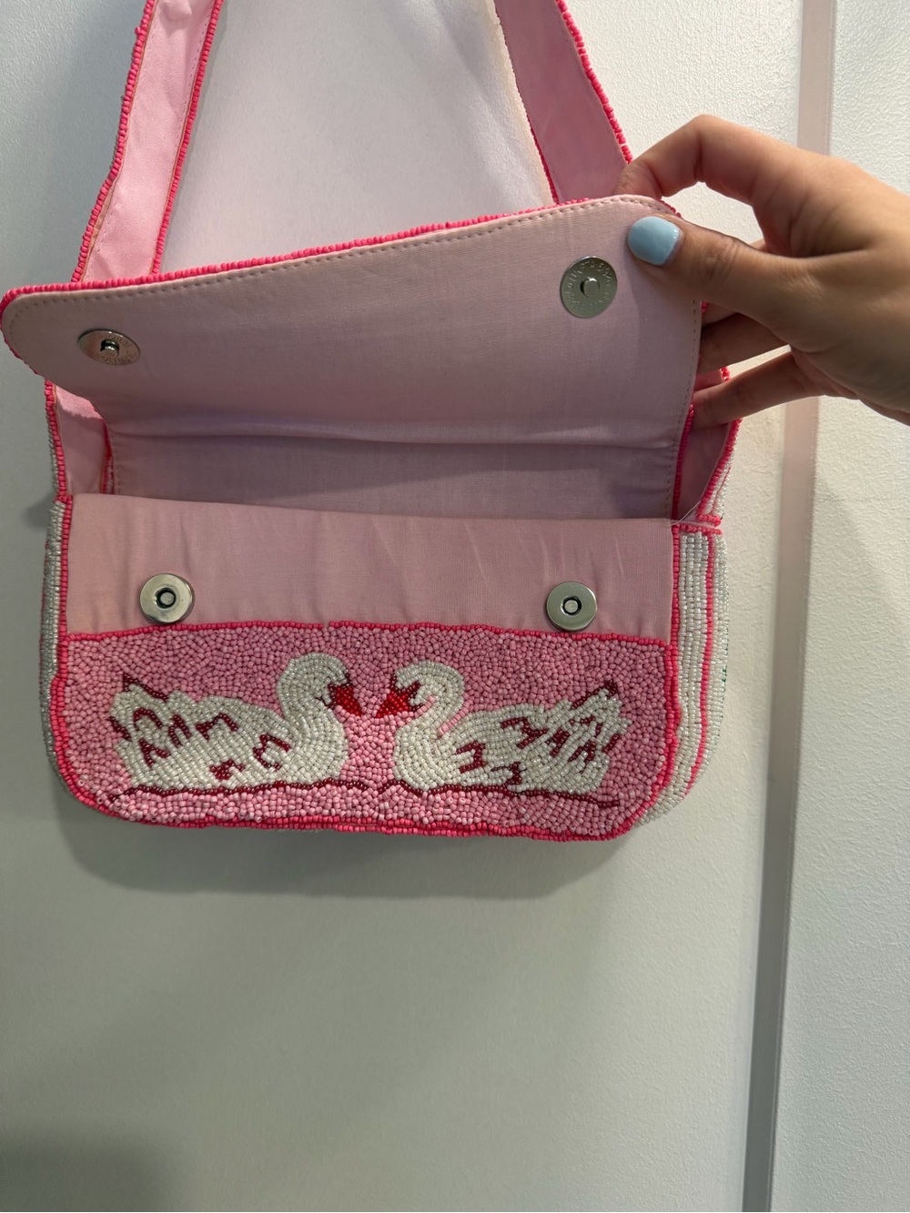 Pink Embroidered Bow & Swans Shoulder Bag - Picture 2 of 5
